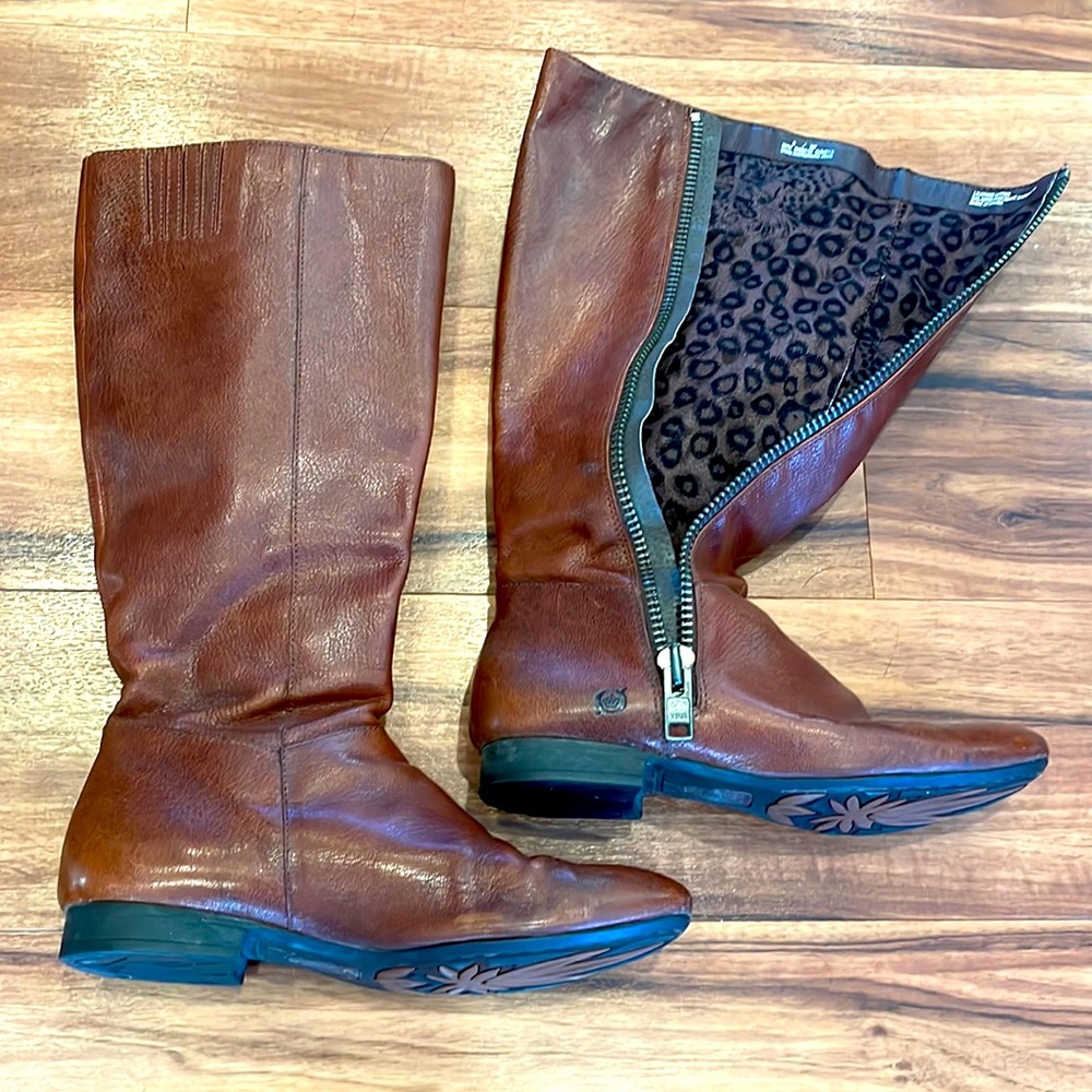 Born tall leather brown boots with leopard print interior